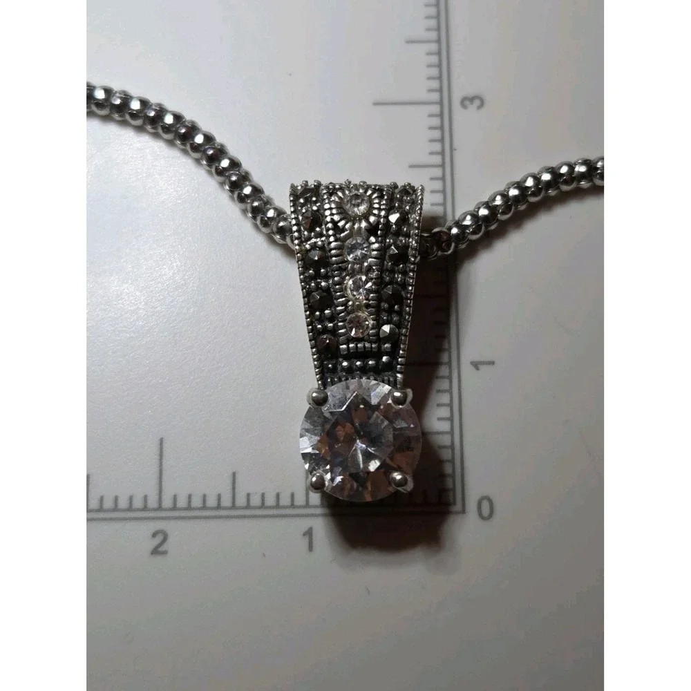 Vintage‎ Sterling Silver Marcasite & CZ Pendant 16